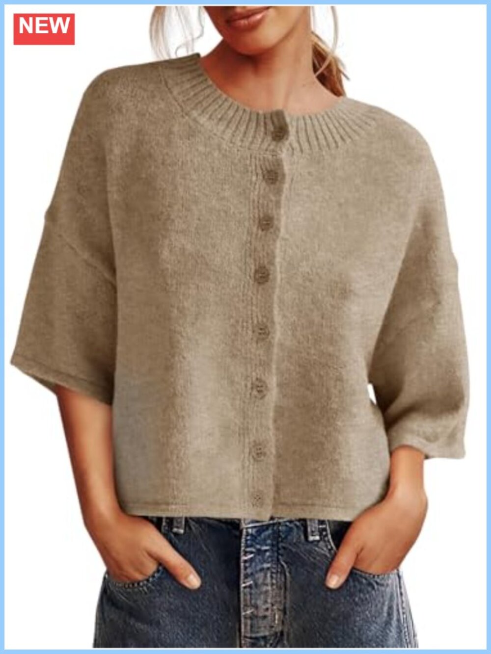 Womens 3/4 Sleeve Button Down Cropped Cardigan Knit Sweater